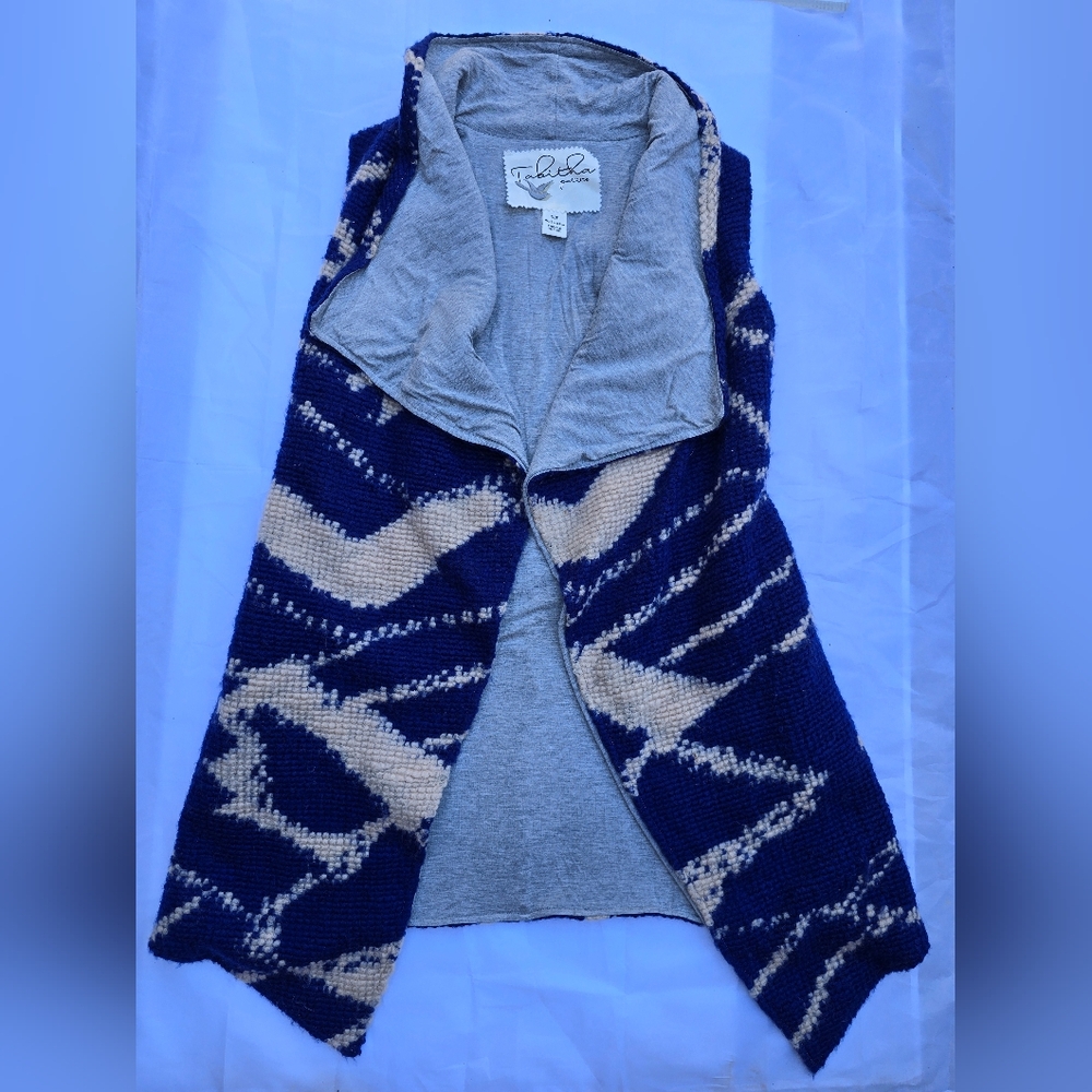 Tabitha Blue and‎ Cream Cozy Sherpa long coat jacket Sz XSP